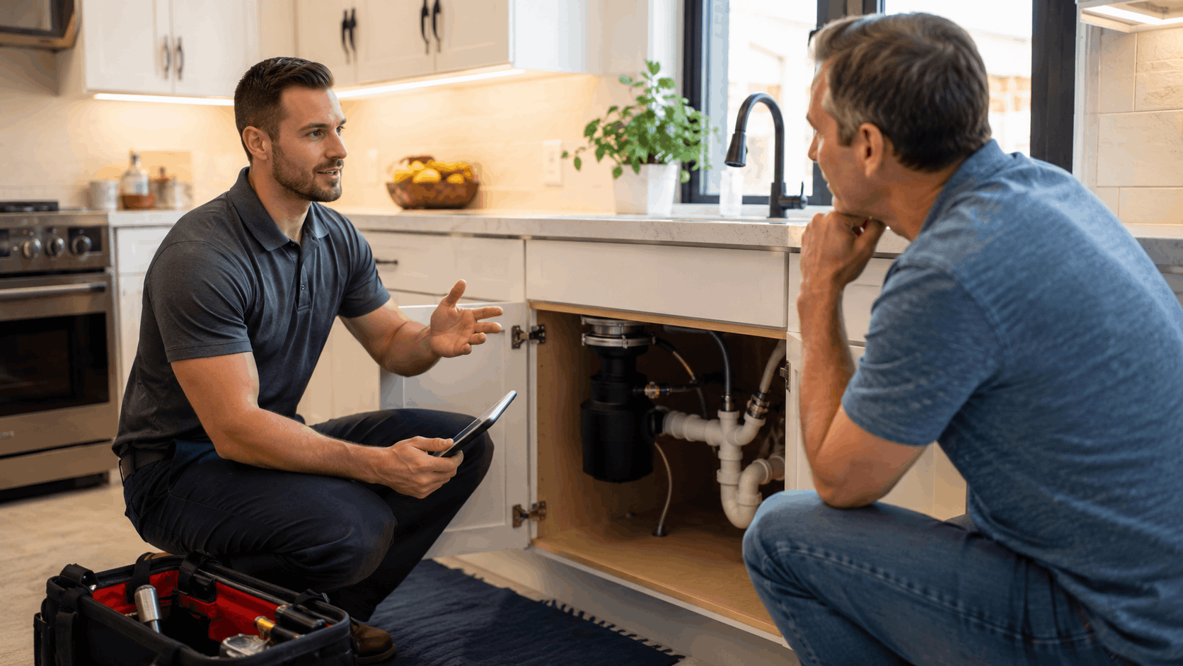 Plumber explaining under-sink garbage disposal issue to Las Vegas homeowner with tablet and toolbox