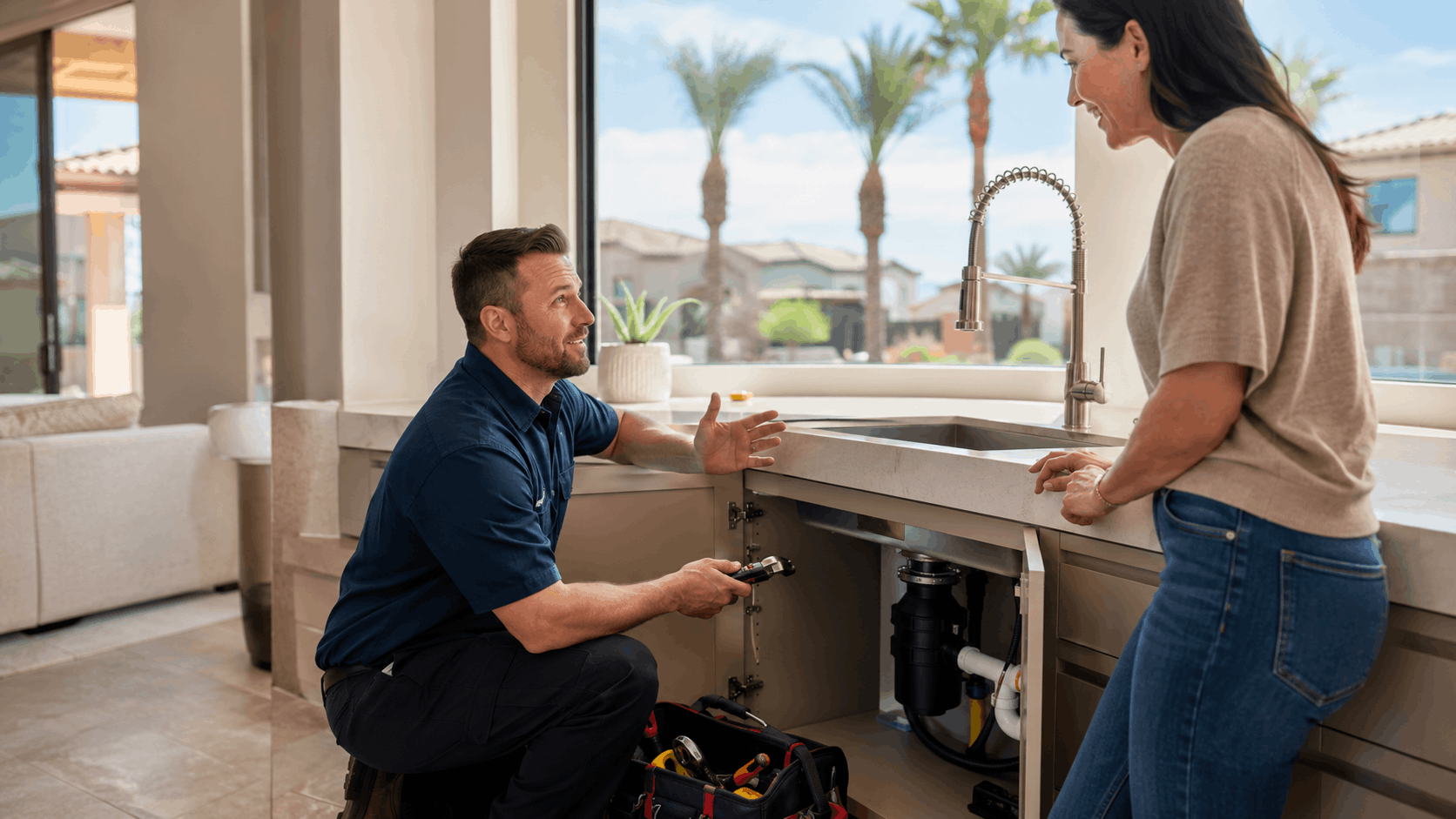 Plumber explaining under-sink repair to Las Vegas homeowner during kitchen service call