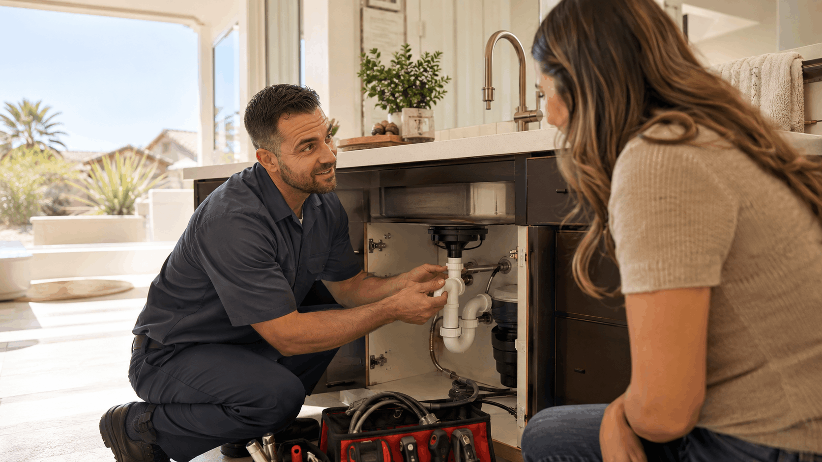 Plumber repairing kitchen sink drain pipes while explaining work to Las Vegas homeowner