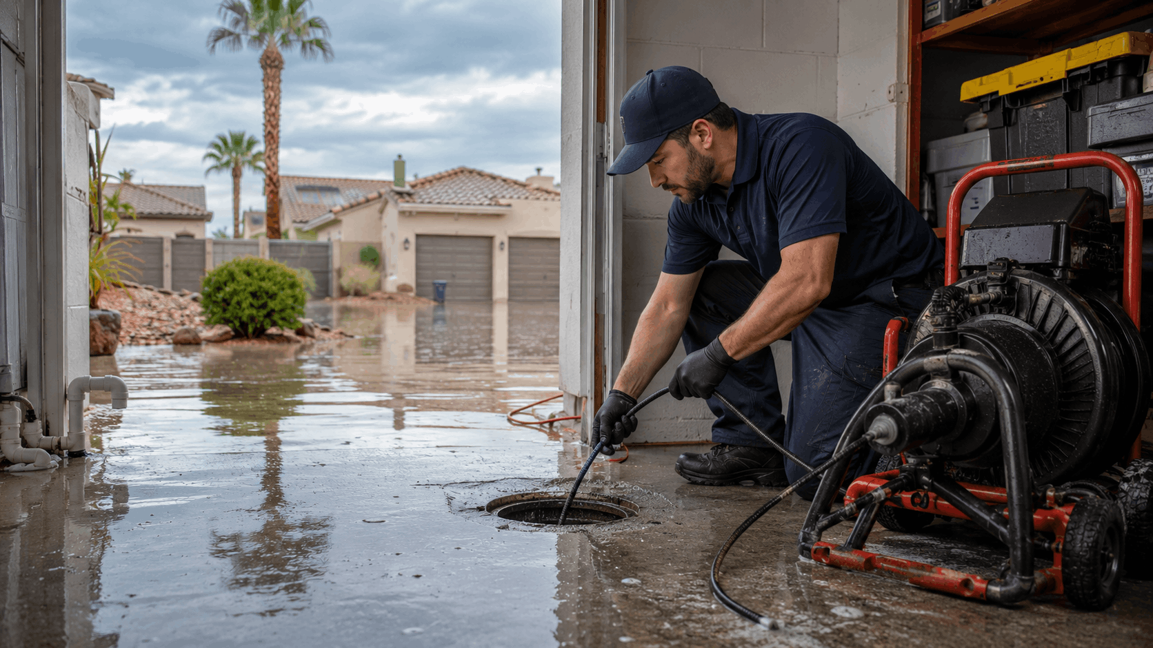 Plumber snaking flooded garage floor drain during Las Vegas storm with standing water outside