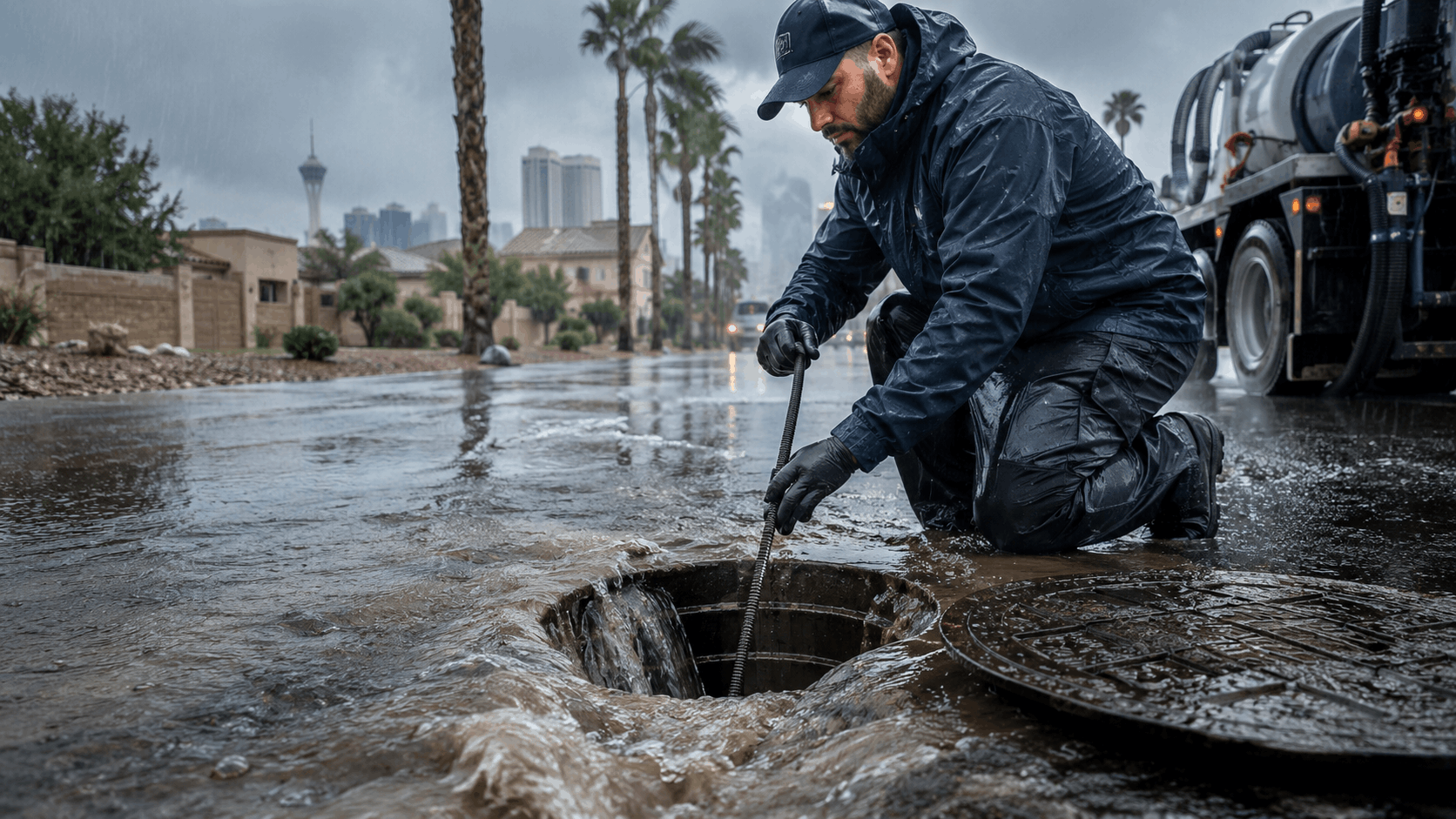 Plumber clearing flooded street drain with snake tool during Las Vegas rainstorm