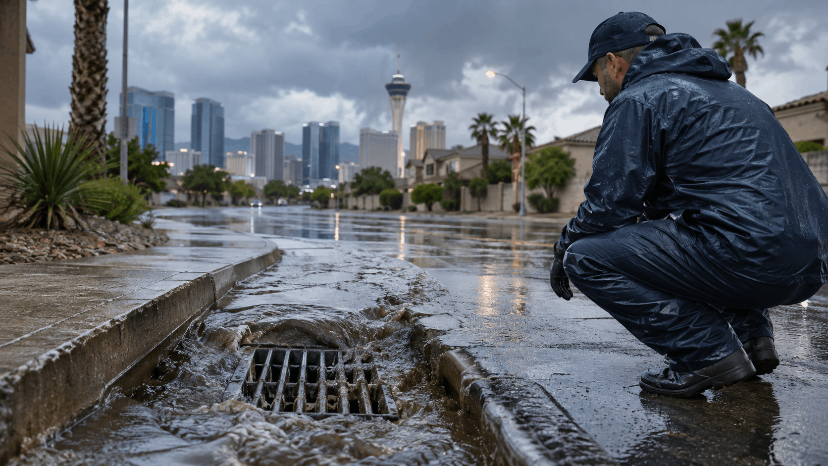 Plumber inspecting flooded street drain during heavy rainstorm in Las Vegas Nevada