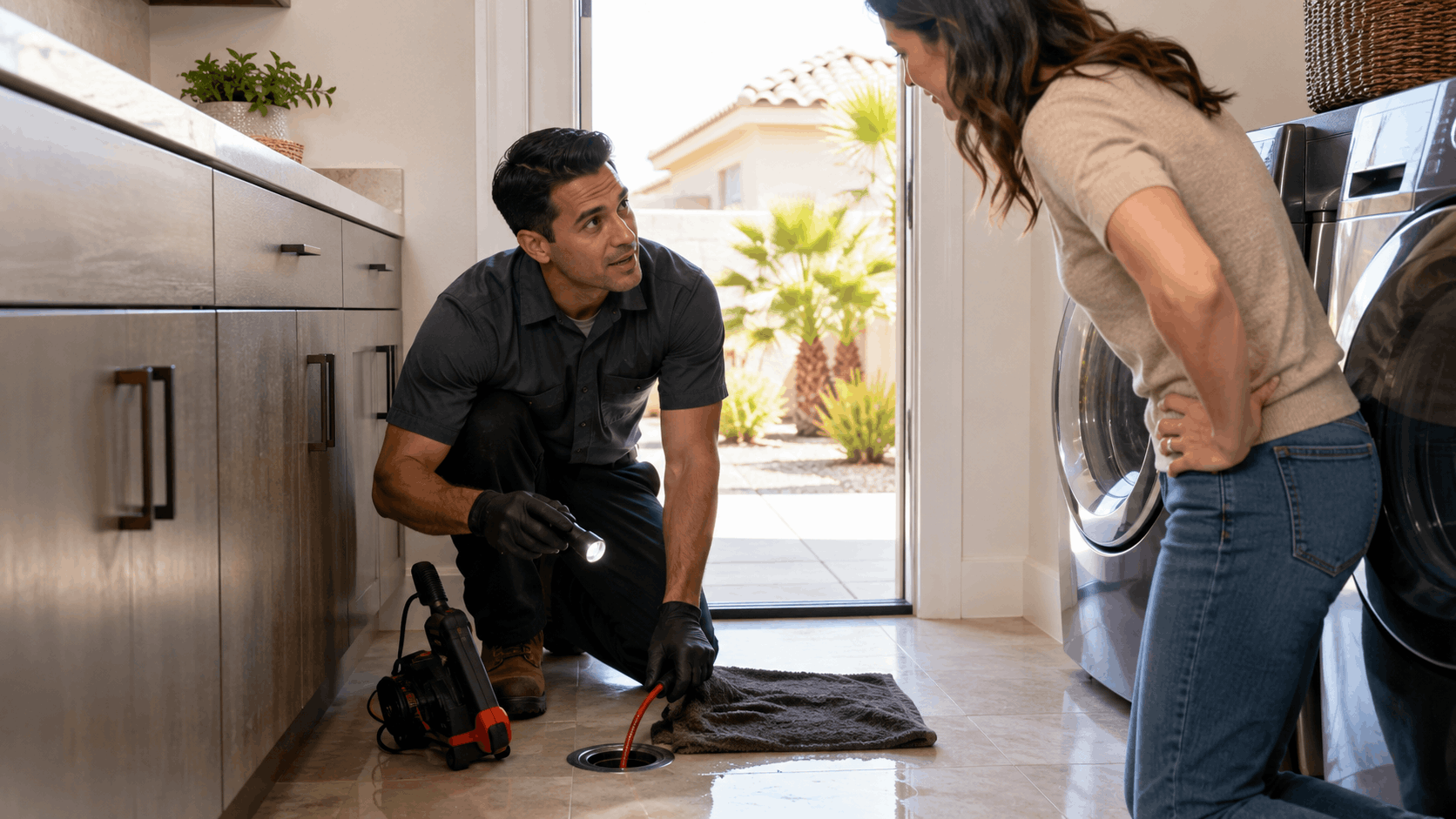 Plumber inspecting floor drain with flashlight in Las Vegas laundry room