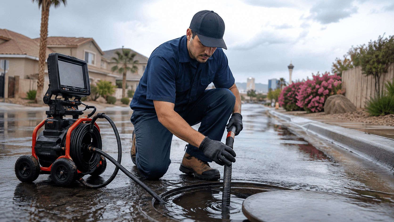 Las Vegas plumber inserting sewer camera cable into street drain access point