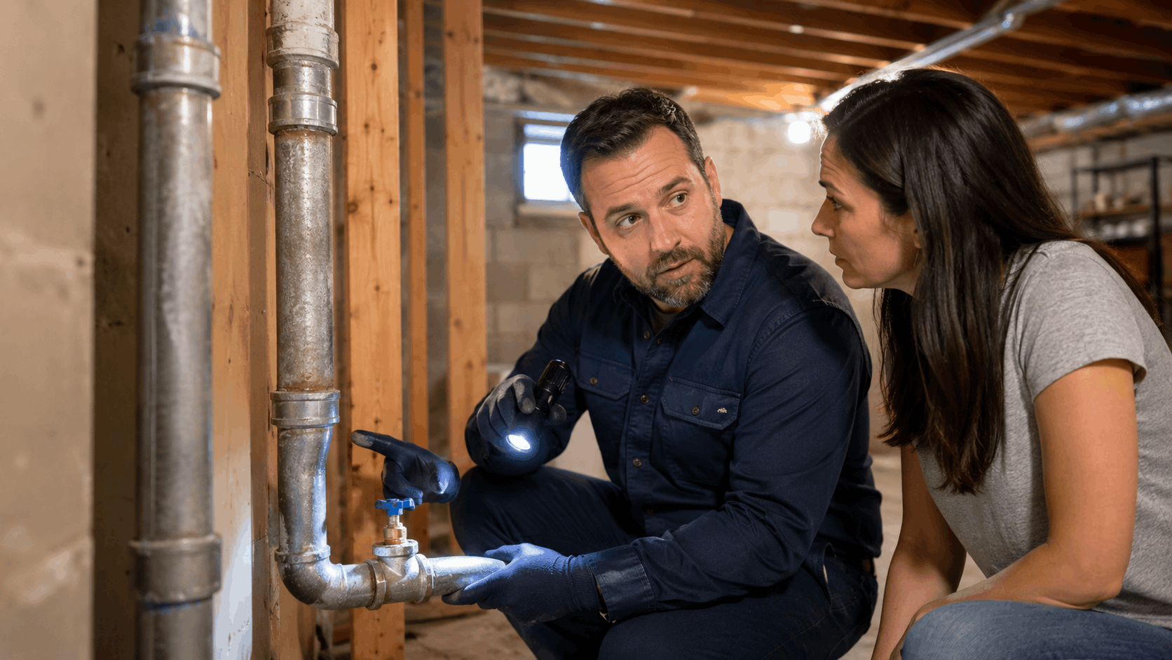 Plumber showing homeowner galvanized pipe and valve in basement with flashlight