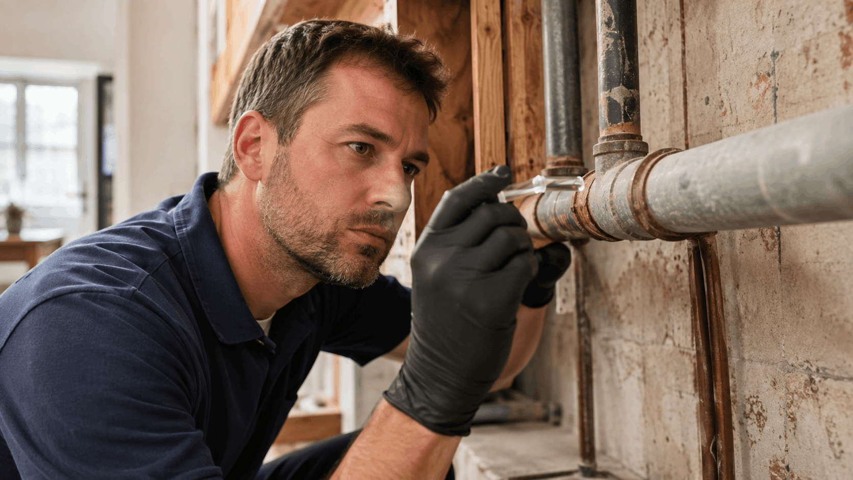 Plumber in black gloves inspecting rusty pipes during home renovation in Las Vegas