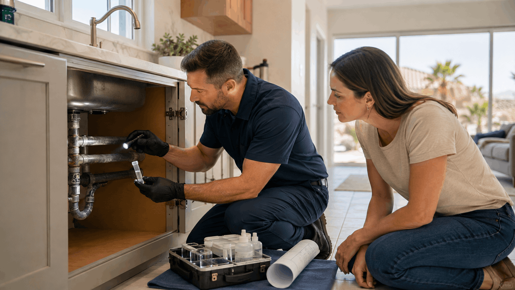 Plumber inspecting under-sink pipes with flashlight while homeowner watches in Las Vegas kitchen