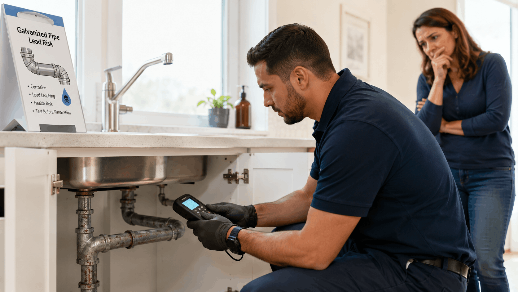 Plumber testing galvanized pipes for lead risk under Las Vegas kitchen sink
