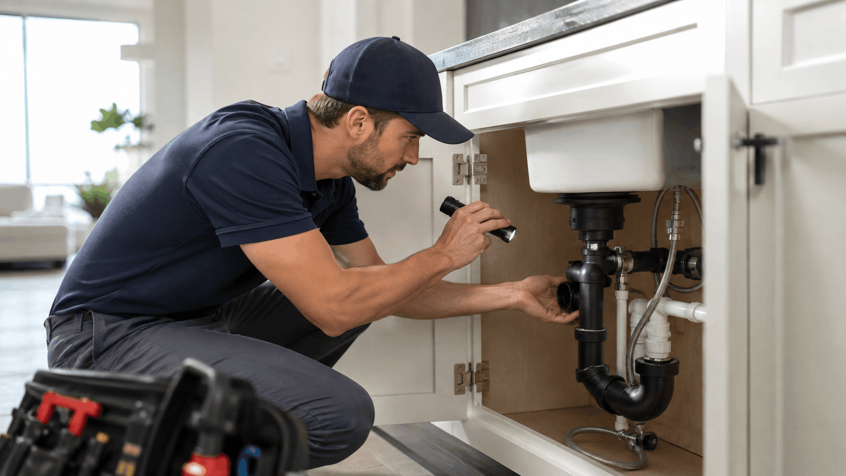 Plumber inspecting under-sink pipes with flashlight in new Summerlin home