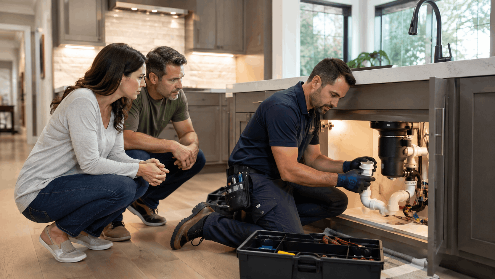 Plumber inspecting under-sink pipes while homeowners watch in modern kitchen