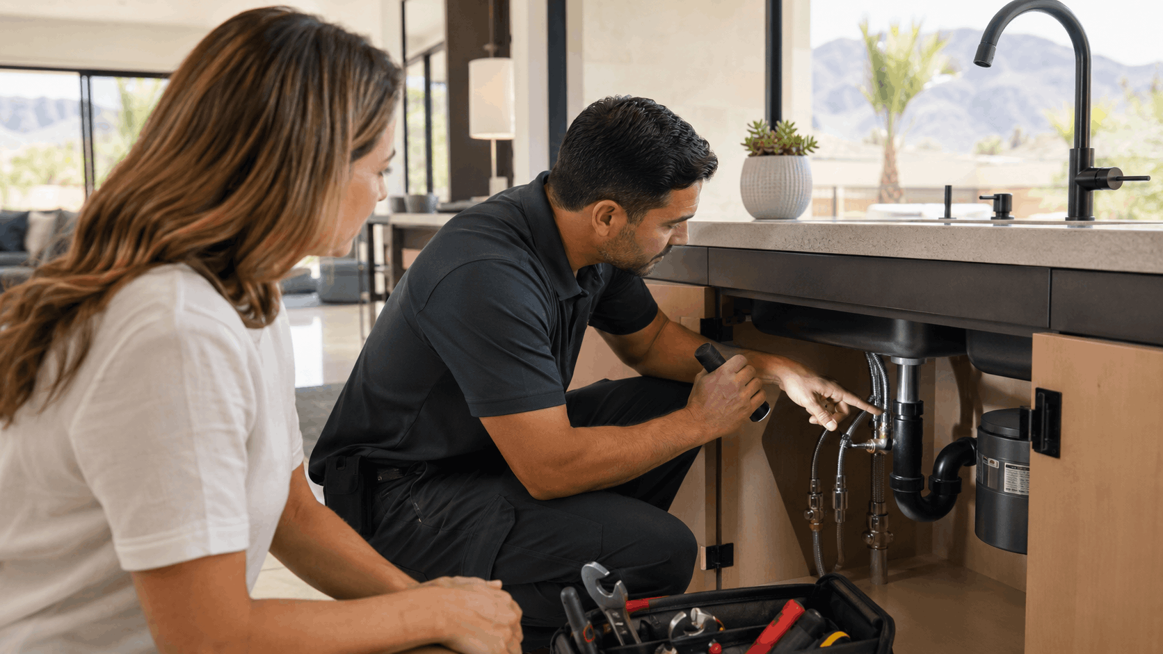 Plumber inspecting under kitchen sink pipes with Las Vegas homeowner nearby
