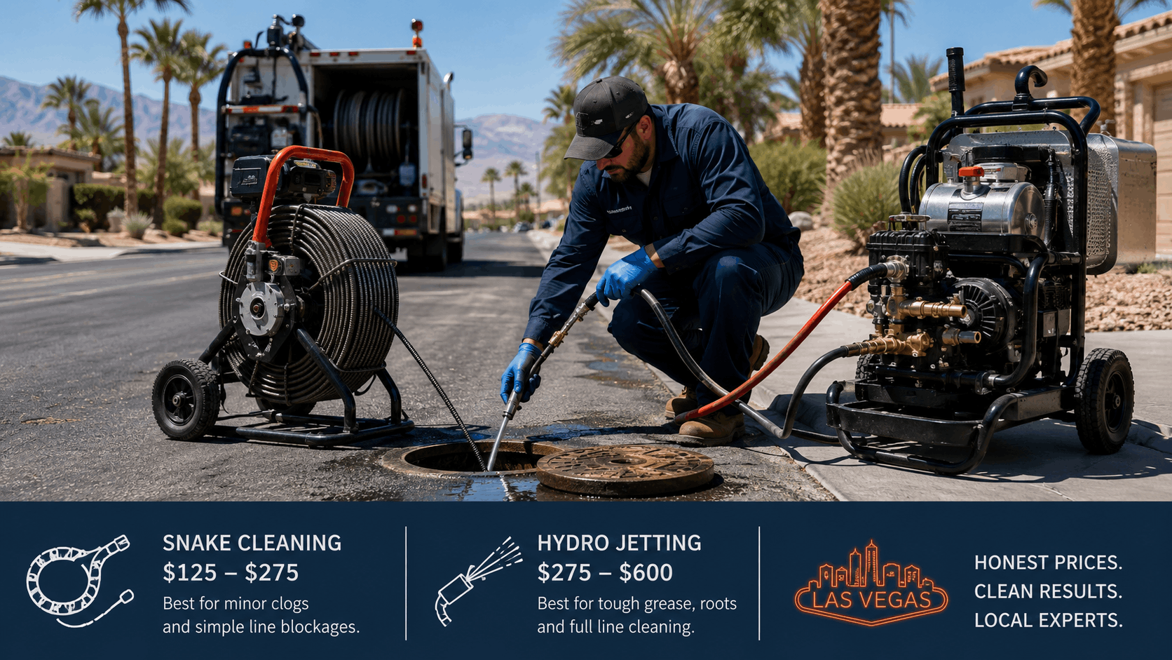 Las Vegas plumber using hydro jetting equipment to clean residential sewer drain