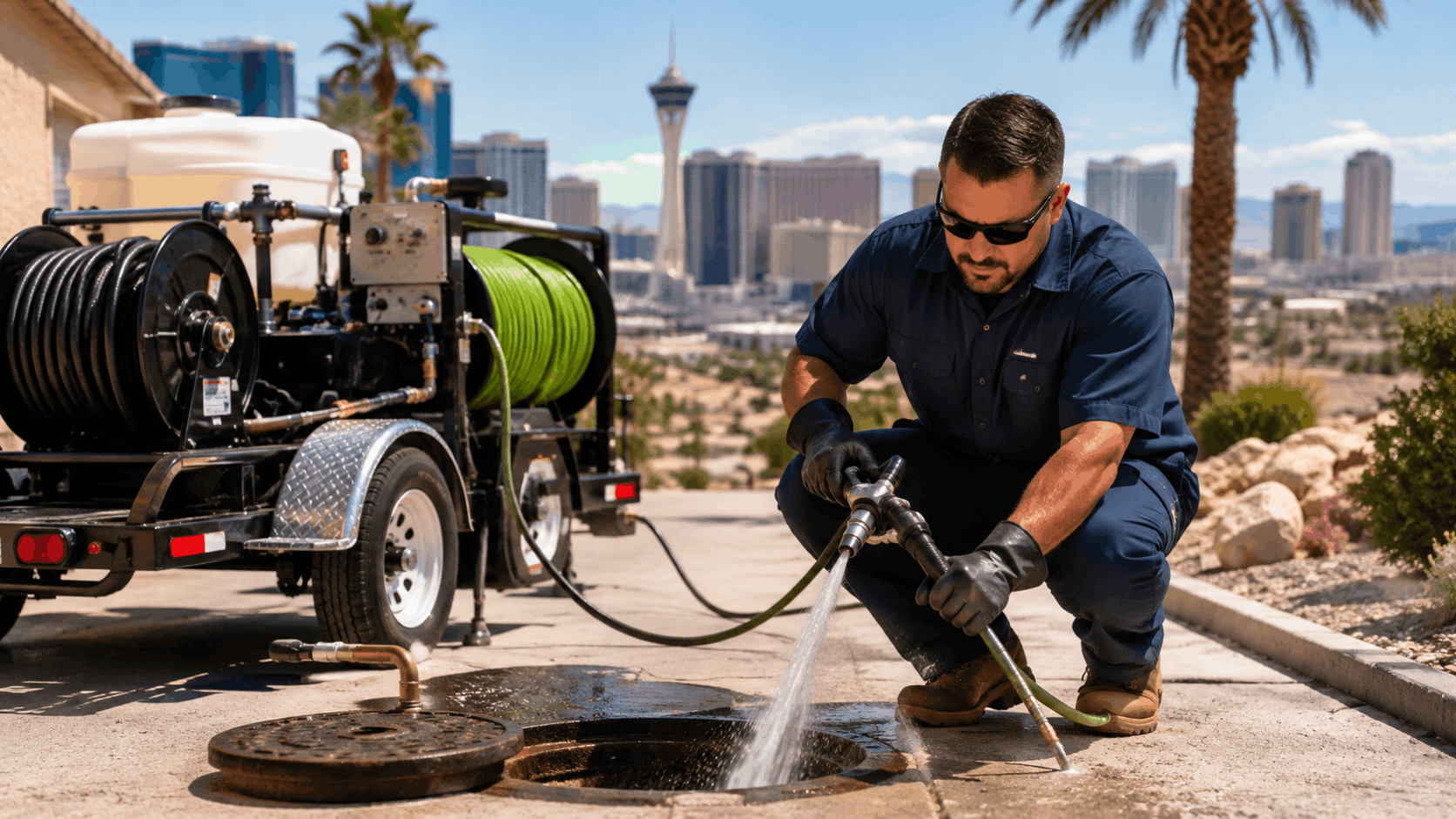 Las Vegas plumber hydro jetting sewer line with high-pressure water jetting equipment