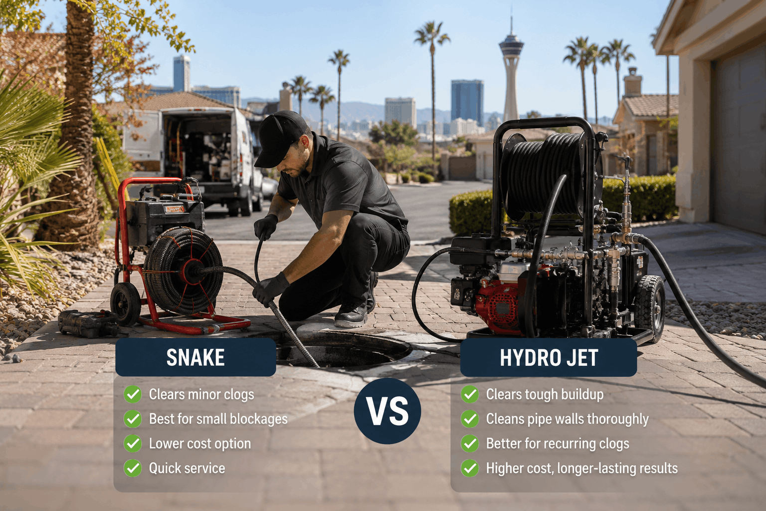 Plumber using drain snake next to hydro jet machine comparing Las Vegas drain cleaning methods