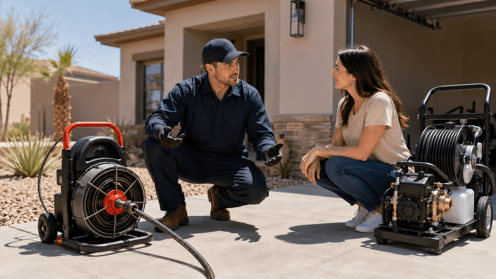 Las Vegas plumber explaining drain snake and hydro jetting equipment to homeowner outdoors