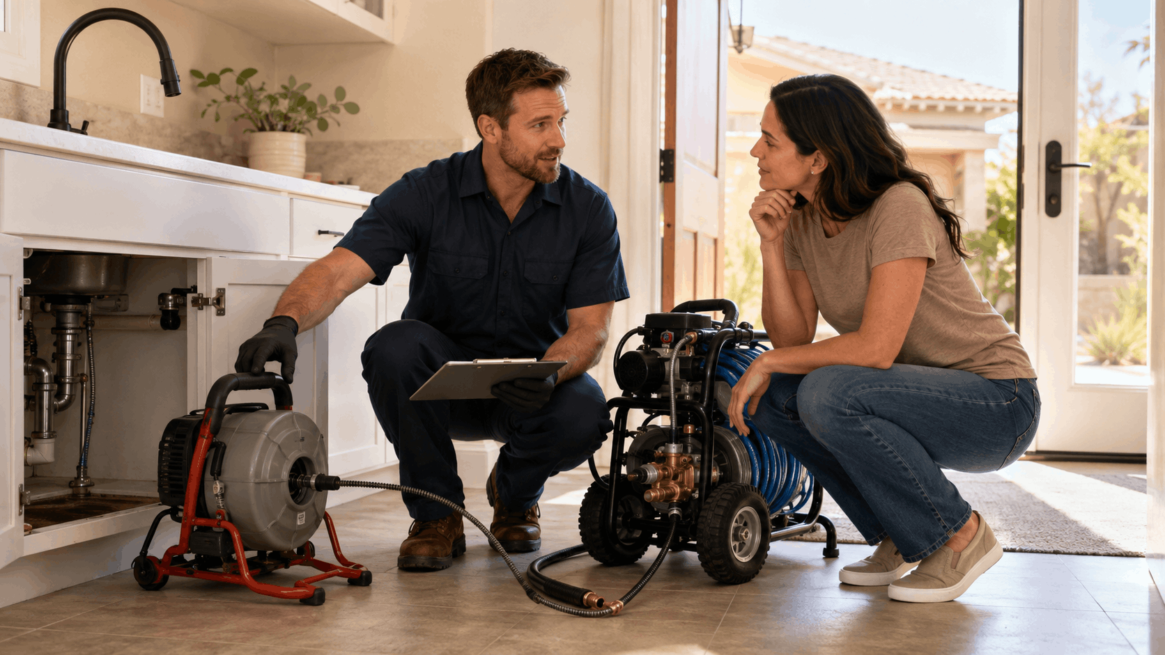 Plumber explaining drain cleaning equipment to Las Vegas homeowner in modern kitchen