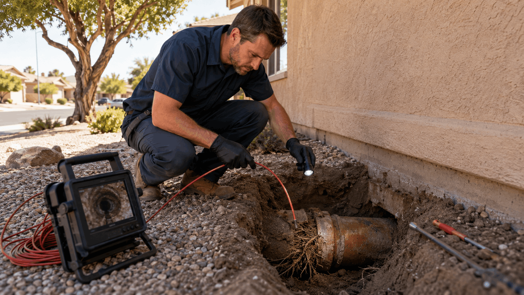 Plumber using camera inspection equipment to diagnose tree root damage in sewer line