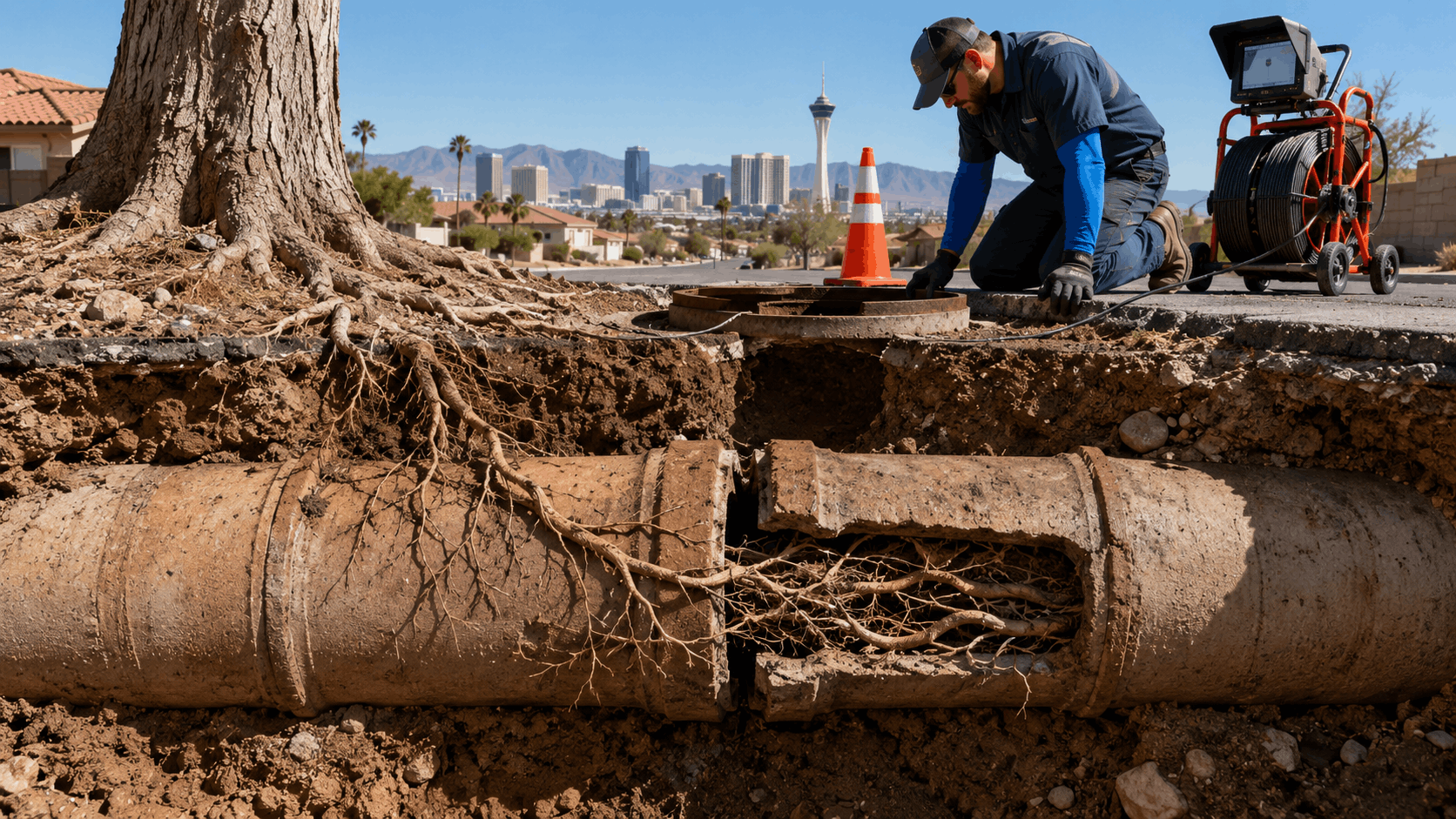 Las Vegas plumber using sewer camera to inspect tree root intrusion in damaged pipe