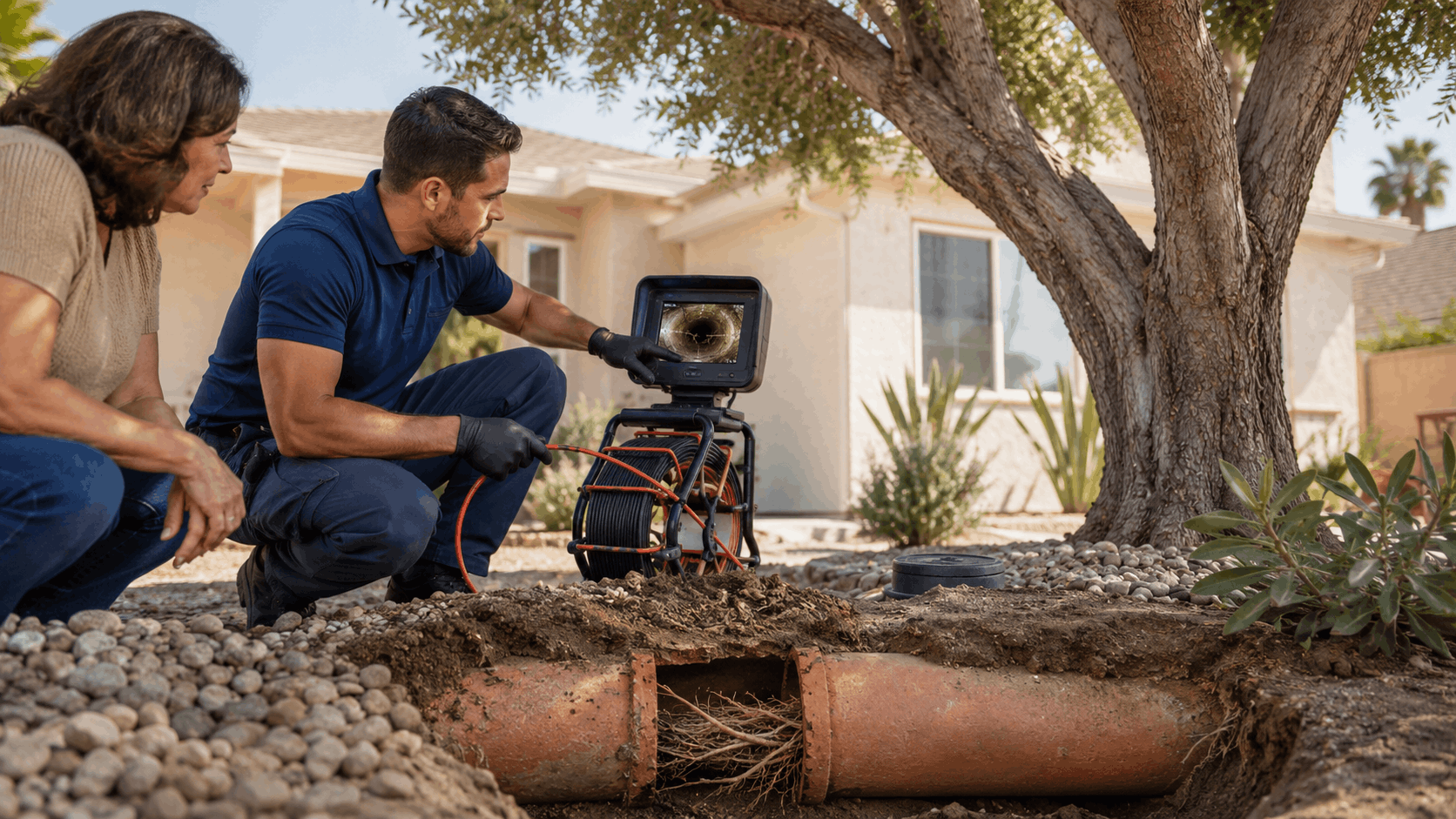 Plumber showing homeowner sewer camera inspection of root-filled clay pipe in Las Vegas yard