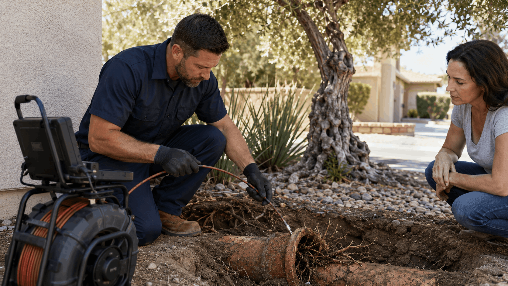 Plumber using sewer camera inspection tool on root-damaged pipe in Las Vegas yard