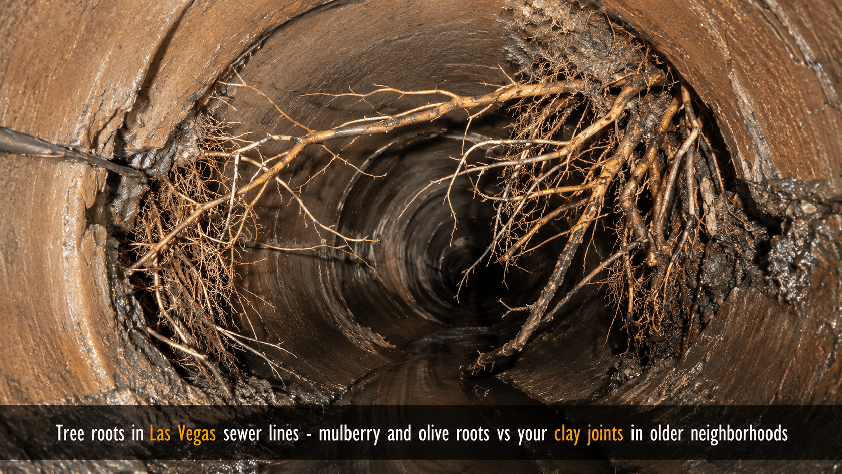 Tree roots invading clay sewer pipe joints in older Las Vegas neighborhood