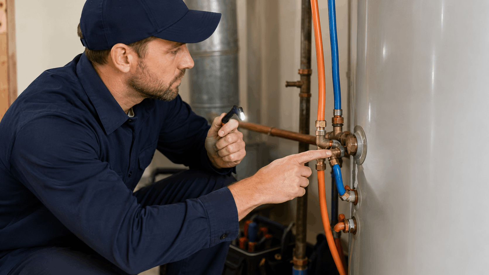 Plumber inspecting Kitec plumbing orange and blue pipes with flashlight on water heater