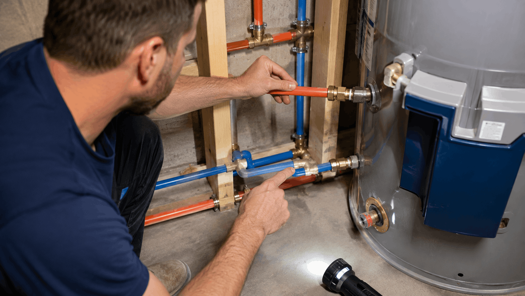 Plumber inspecting orange and blue PEX pipes connected to water heater in Las Vegas basement