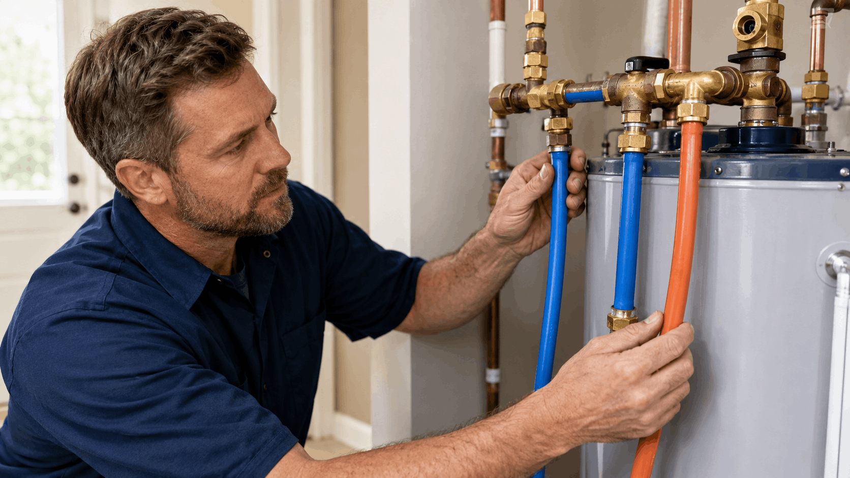 Plumber inspecting blue and orange water heater pipe connections in Las Vegas home