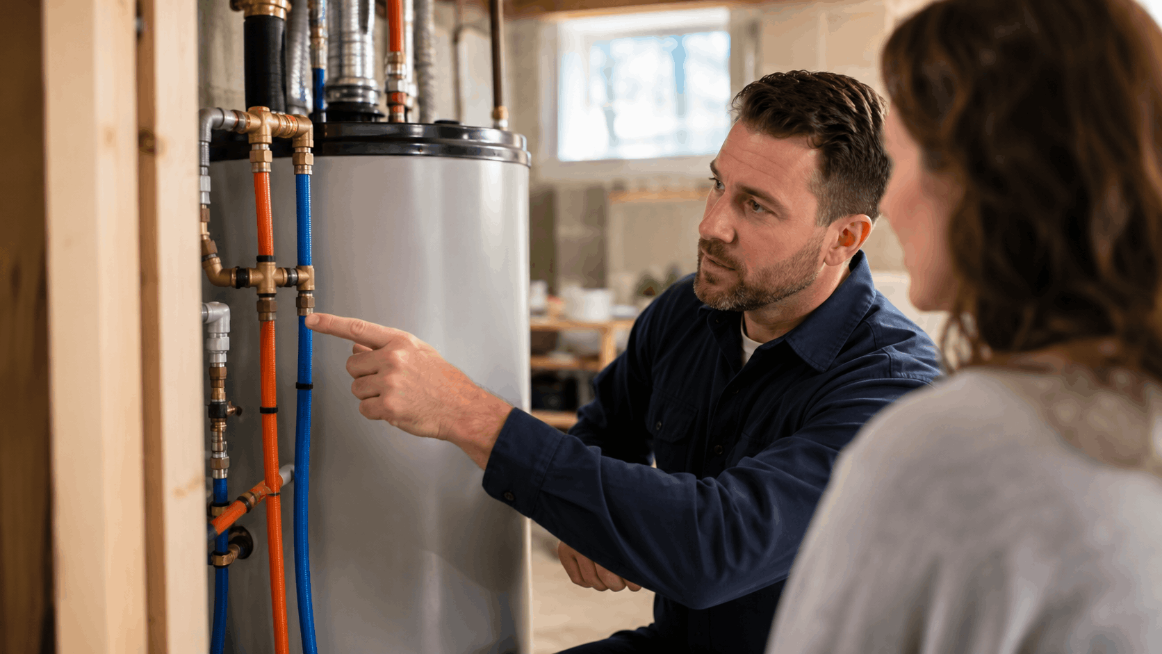 Plumber pointing at orange and blue Kitec pipes on water heater in basement