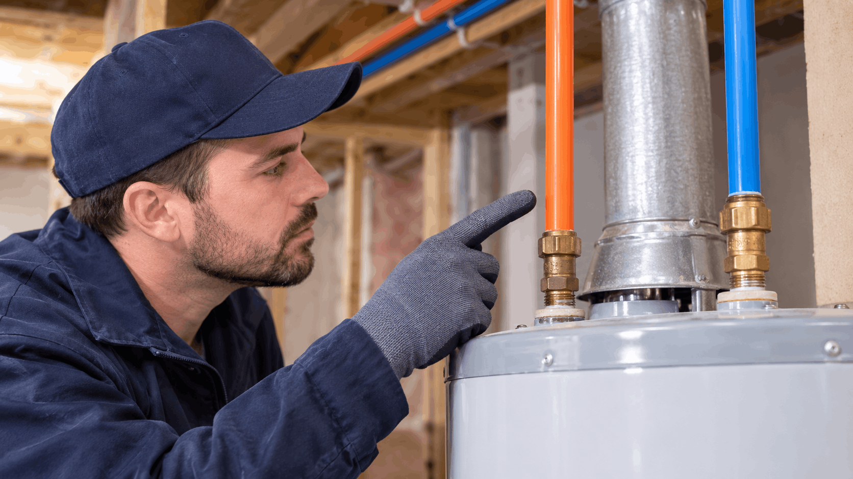 Las Vegas plumber inspecting water heater pipes and brass fittings in basement