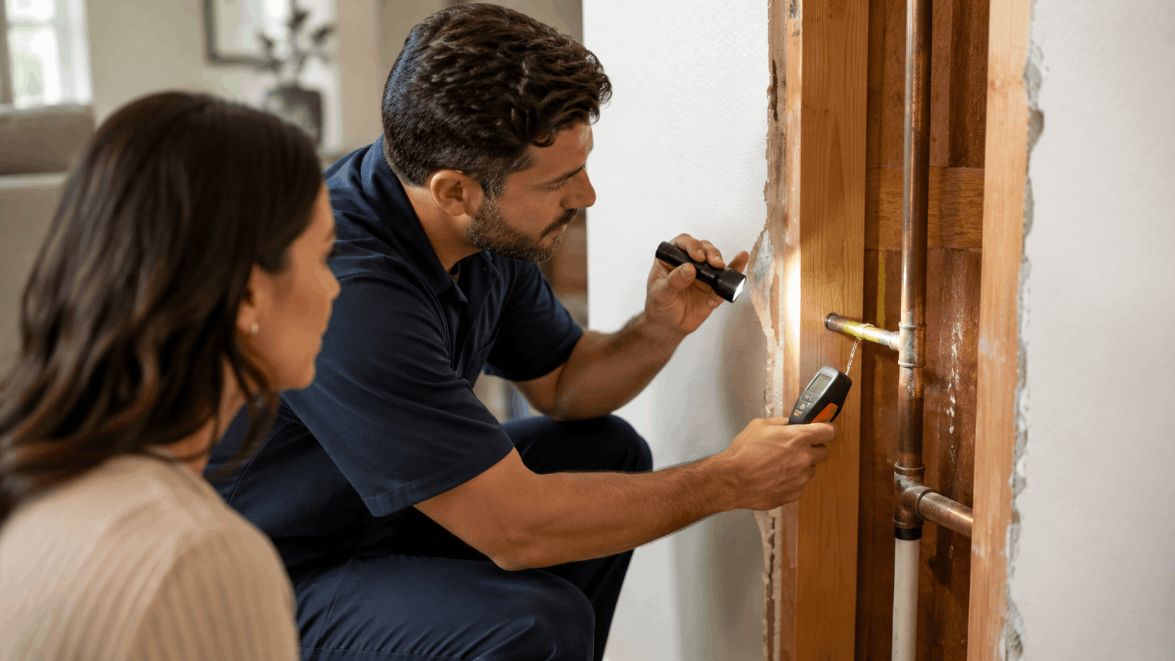 Plumber inspecting copper pipe pinhole leak inside opened wall with flashlight