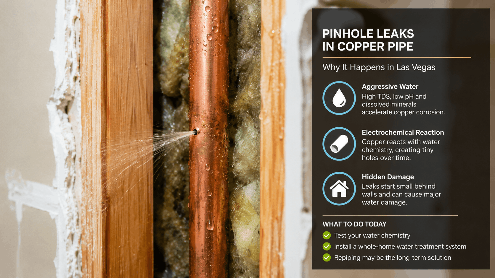 Copper pipe pinhole leak spraying water inside Las Vegas home wall cavity
