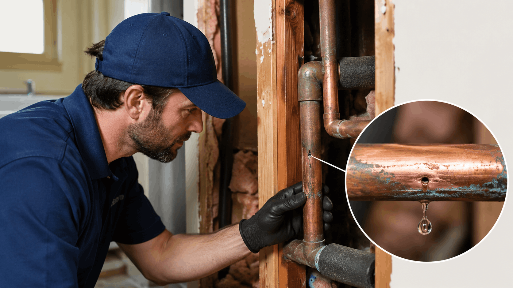 Plumber inspecting corroded copper pipe with pinhole leak in Las Vegas home