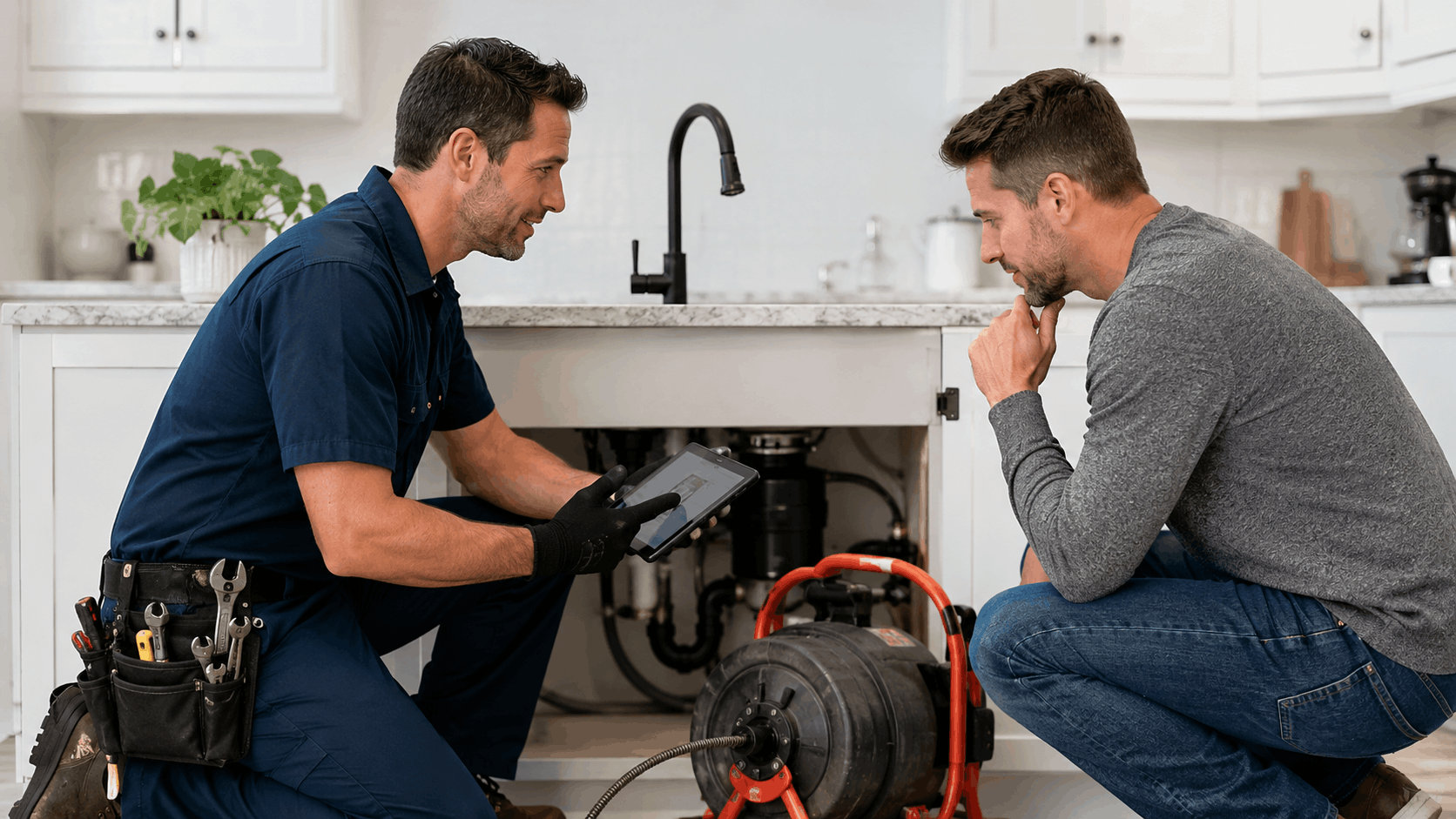 Plumber showing tablet to homeowner while drain snake sits beside kitchen sink