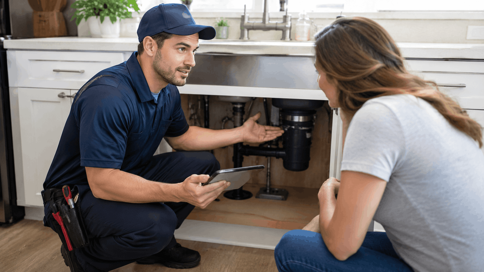 Plumber explaining under-sink pipe issue to homeowner while holding tablet in kitchen