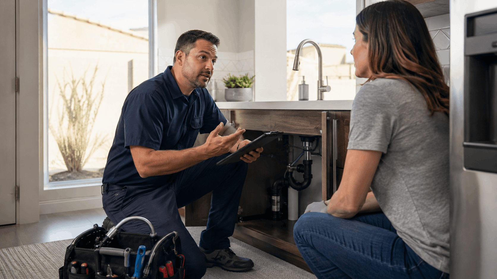 Plumber showing tablet to homeowner while inspecting kitchen sink plumbing pipes