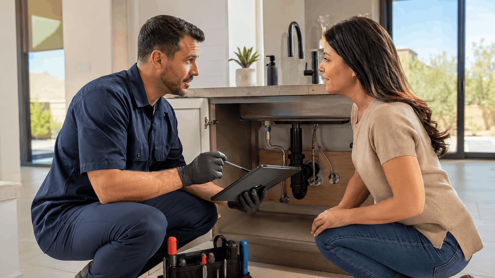 Plumber showing tablet diagnosis to homeowner near open kitchen sink cabinet in Las Vegas