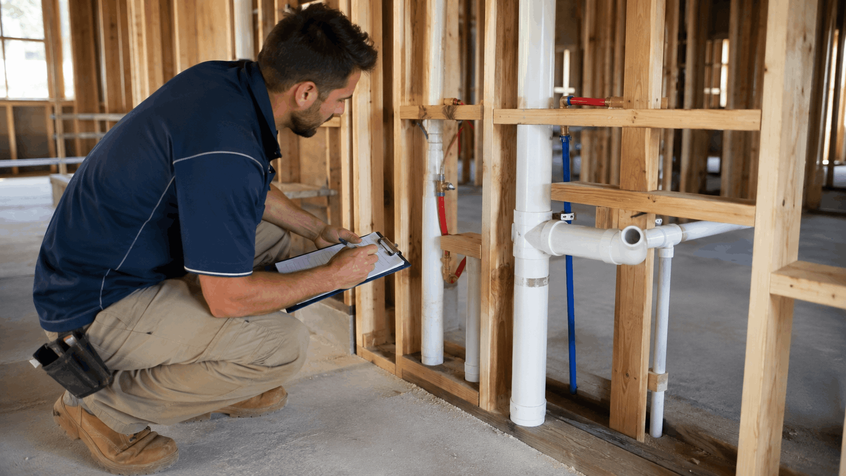Plumber inspecting new home rough-in plumbing pipes during Las Vegas construction inspection