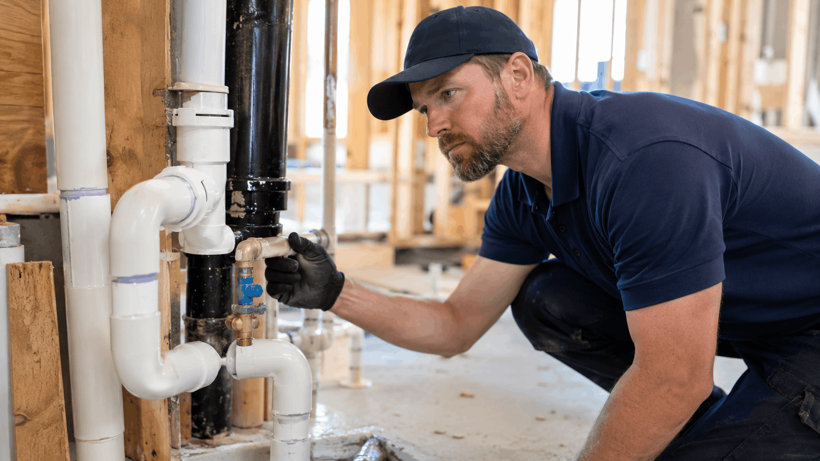 Plumber inspecting water pressure pipes and valves in Las Vegas new construction home