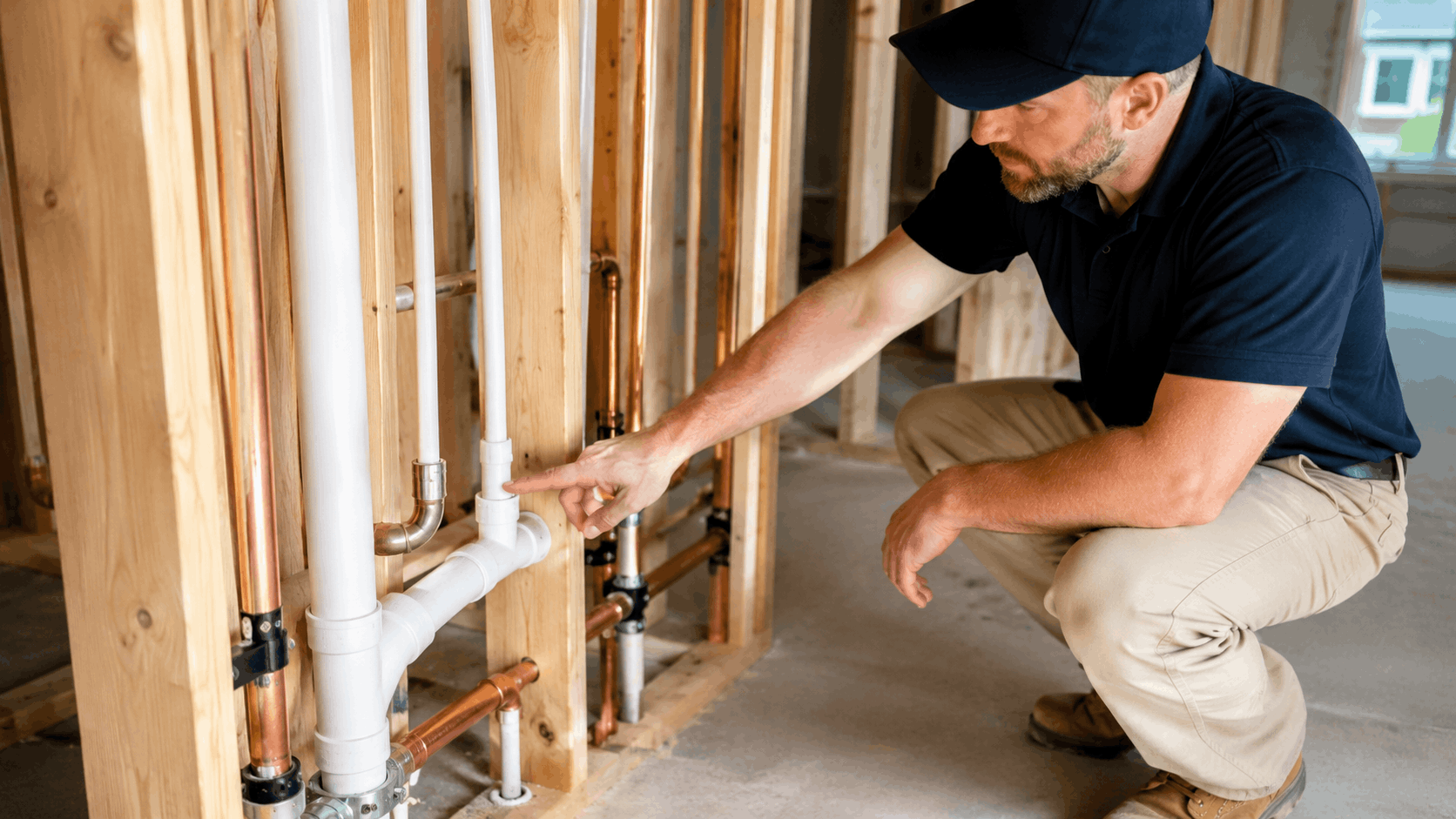 Plumber inspecting copper and PVC pipes in unfinished home wall framing