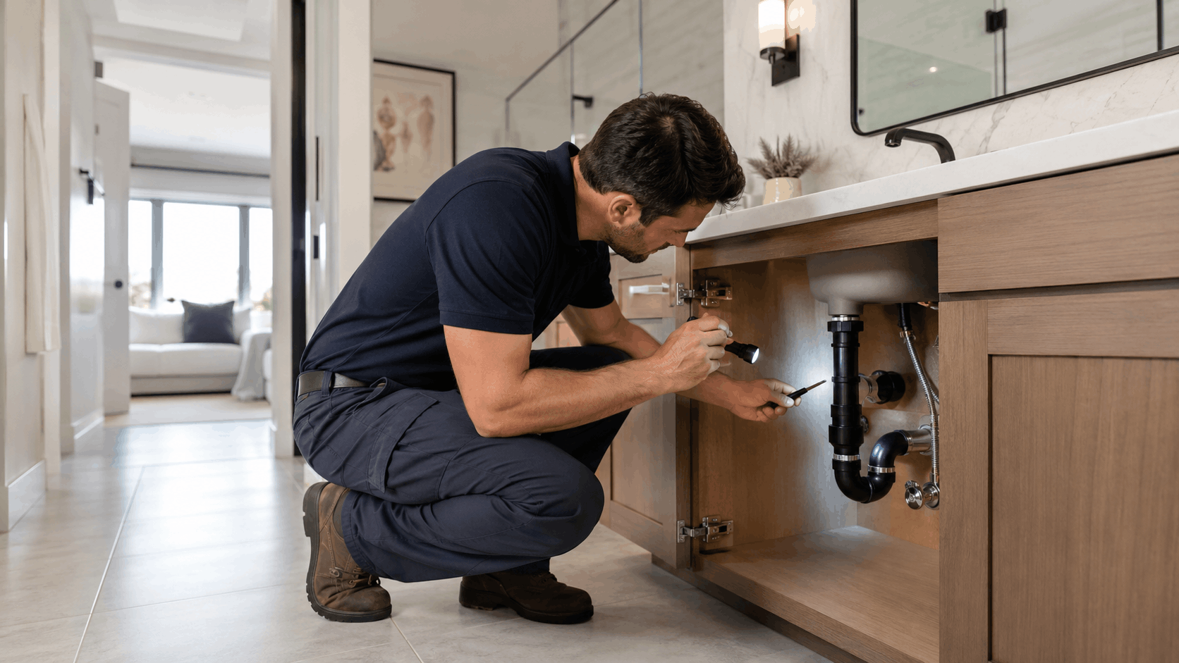 Plumber inspecting bathroom sink pipes with flashlight in modern Las Vegas home