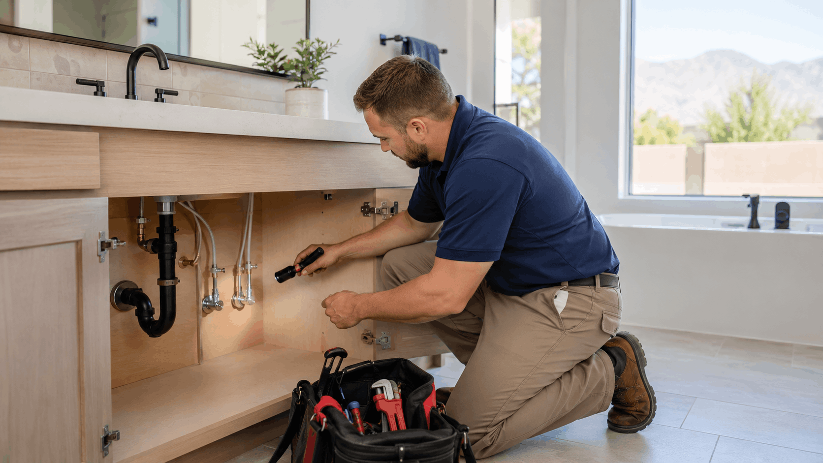 Las Vegas plumber inspecting under bathroom sink cabinet with flashlight and tools