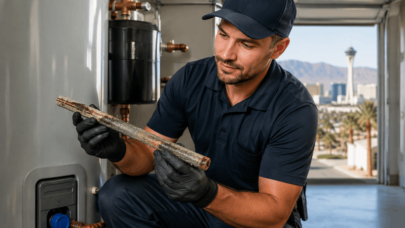 Las Vegas plumber inspecting corroded anode rod removed from water heater