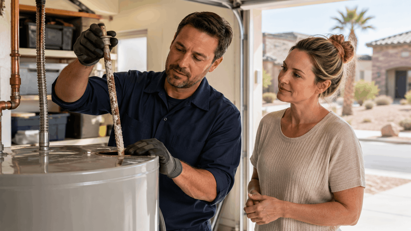 Plumber removing corroded anode rod from water heater while homeowner watches in Las Vegas garage