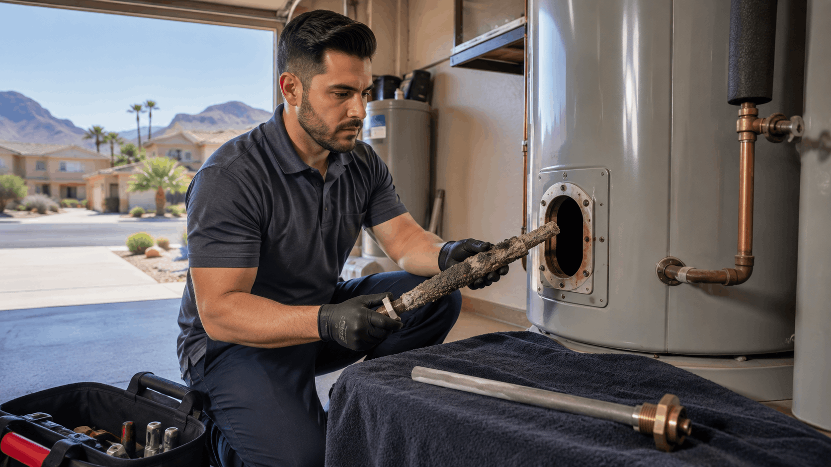 Plumber removing corroded anode rod from water heater in Las Vegas garage