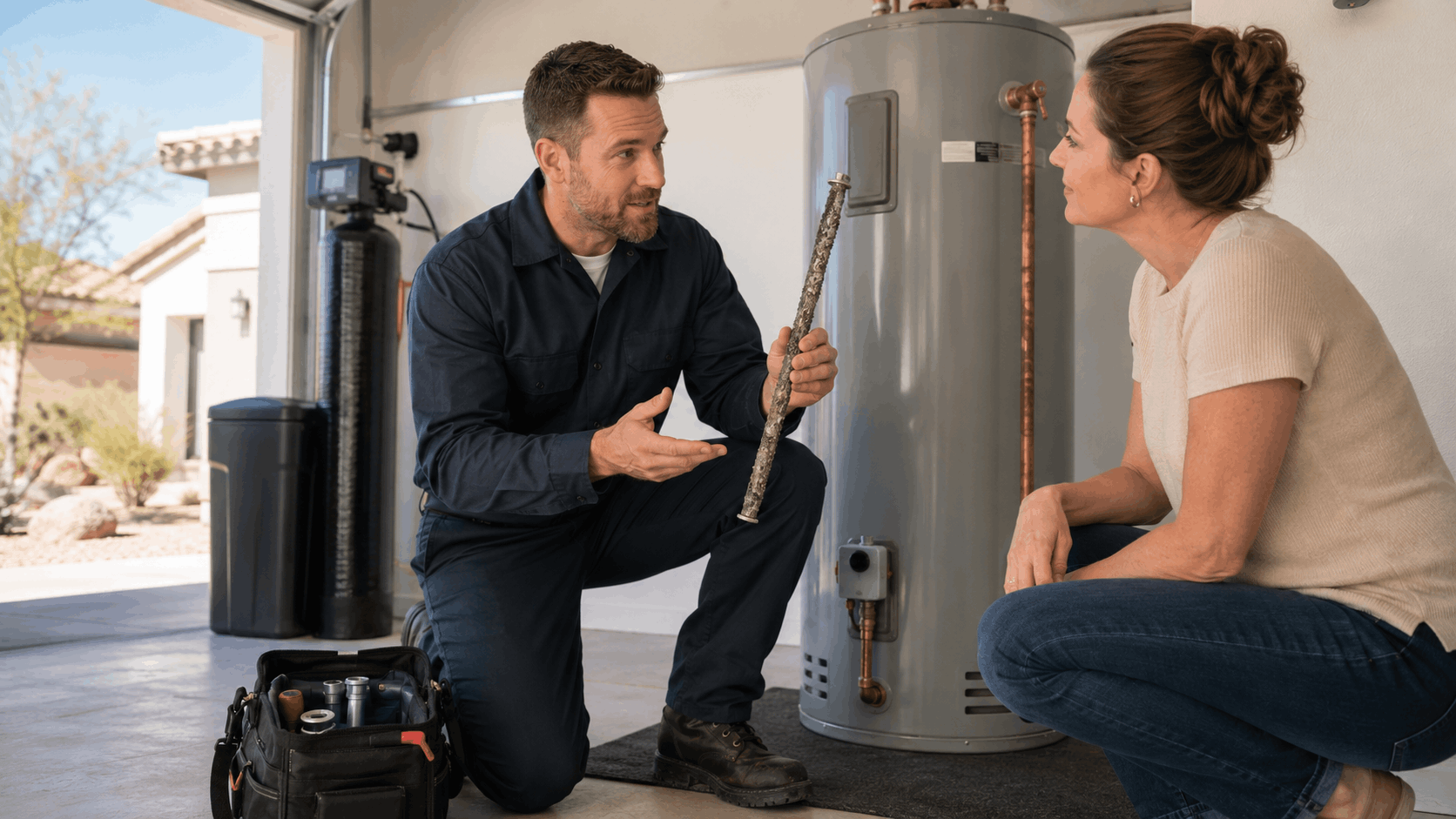 Plumber showing corroded anode rod to homeowner near water heater in Las Vegas garage