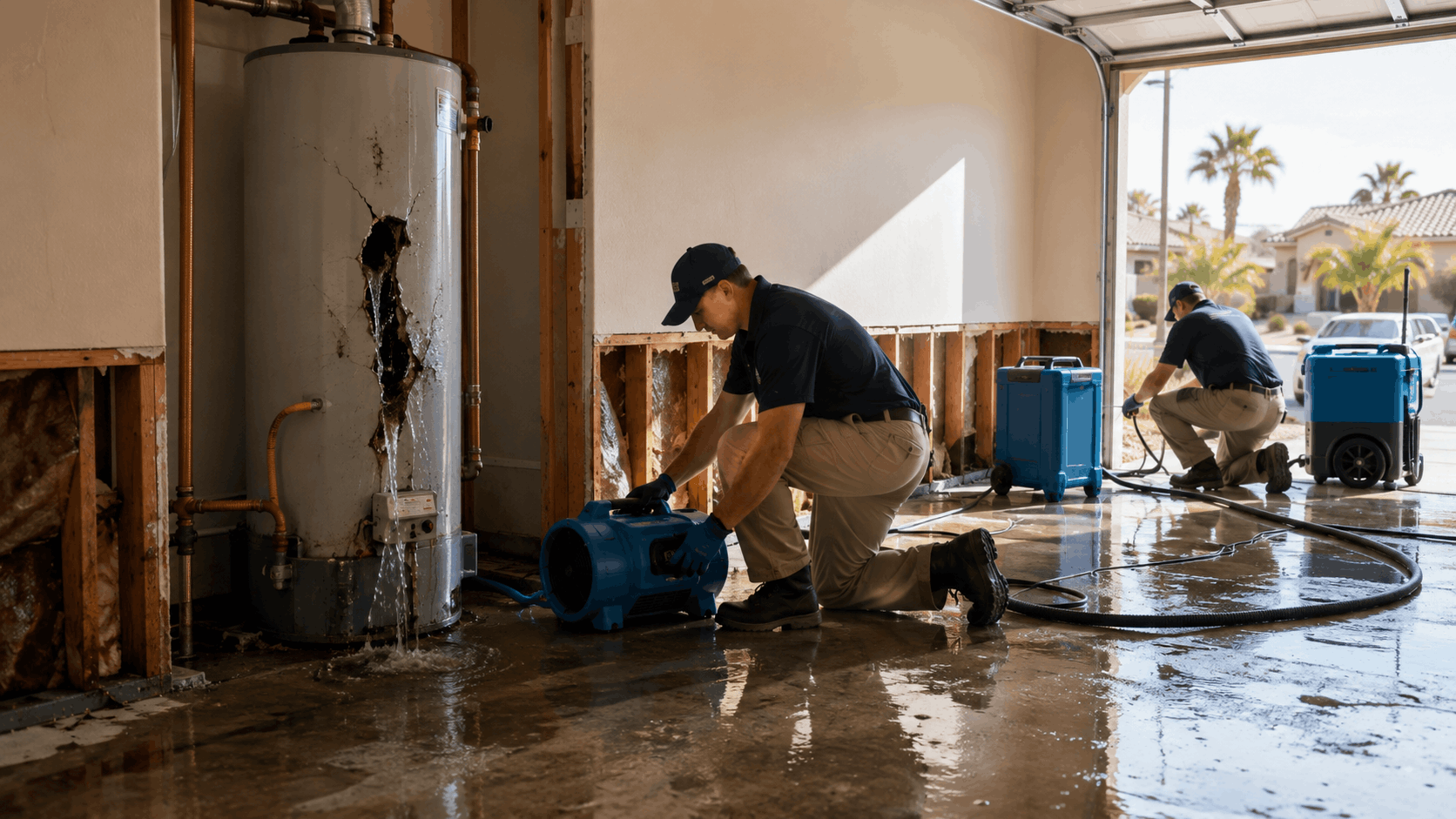Water damage restoration crew removing moisture from flooded Las Vegas garage near failed water heater