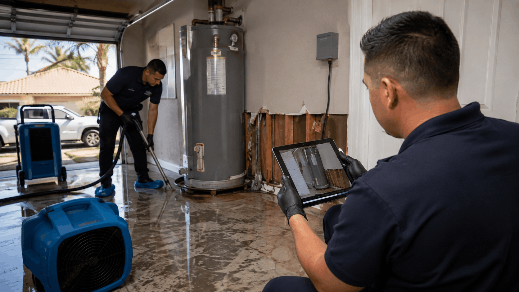 Two technicians assessing and extracting water damage in flooded Las Vegas garage