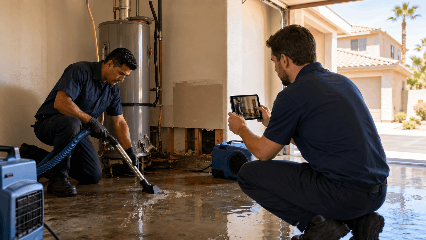 Two water damage restoration technicians documenting flooded garage with tablet in Las Vegas home