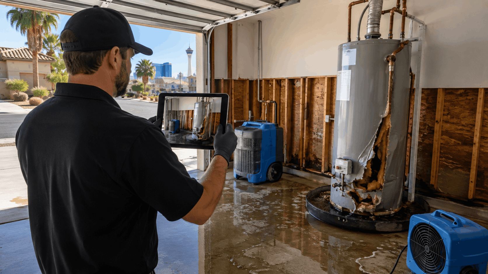 Water damage restoration technician photographing flooded Las Vegas garage with rusted water heater